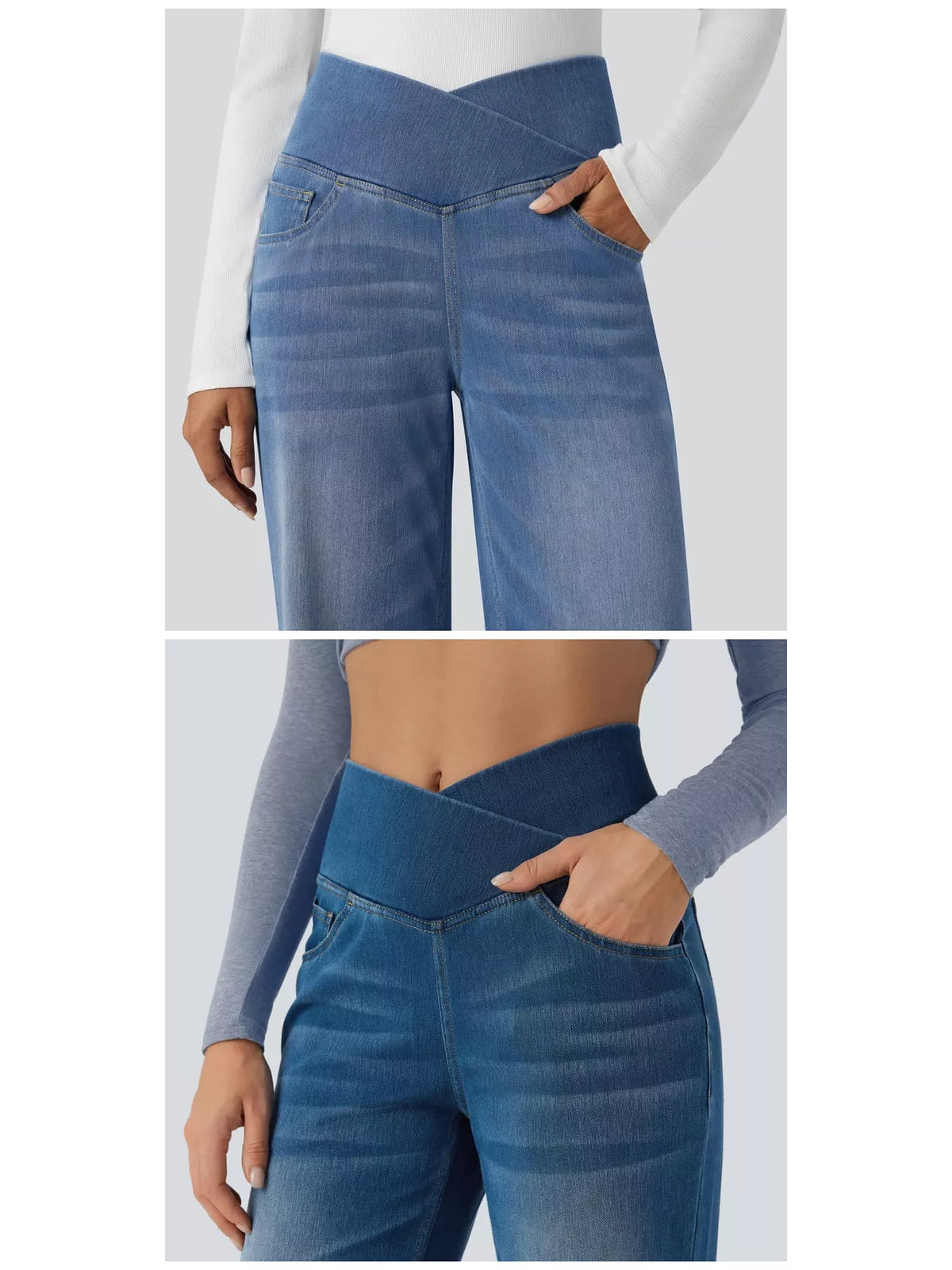 High Waisted Stretch Jeans with Crossover Waist | Straight Leg