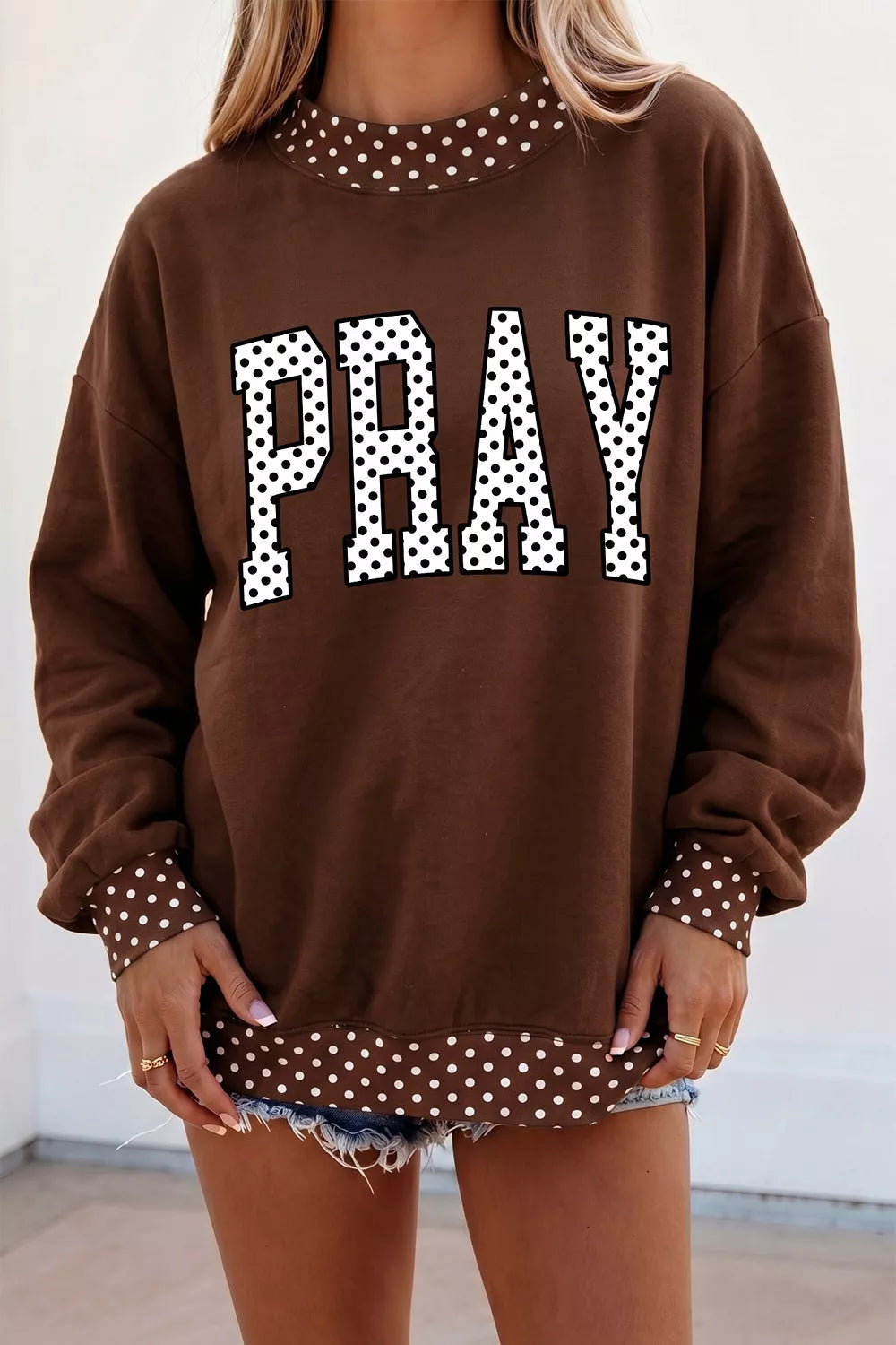 Polka Dot Trim 'PRAY' Graphic Sweatshirt