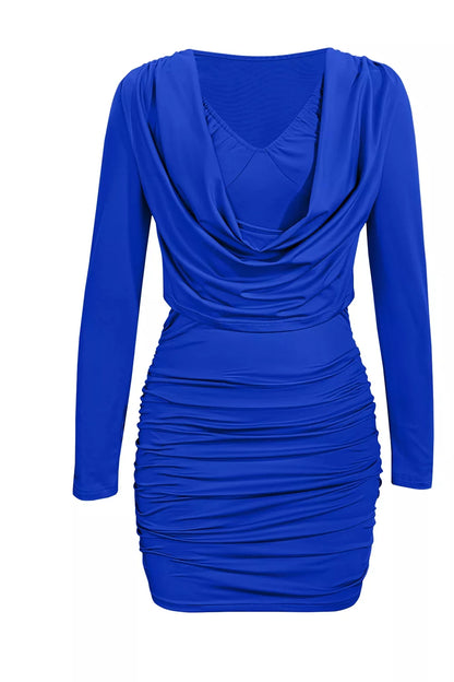 Ruched Cowl Neck Long Sleeve Mini Dress