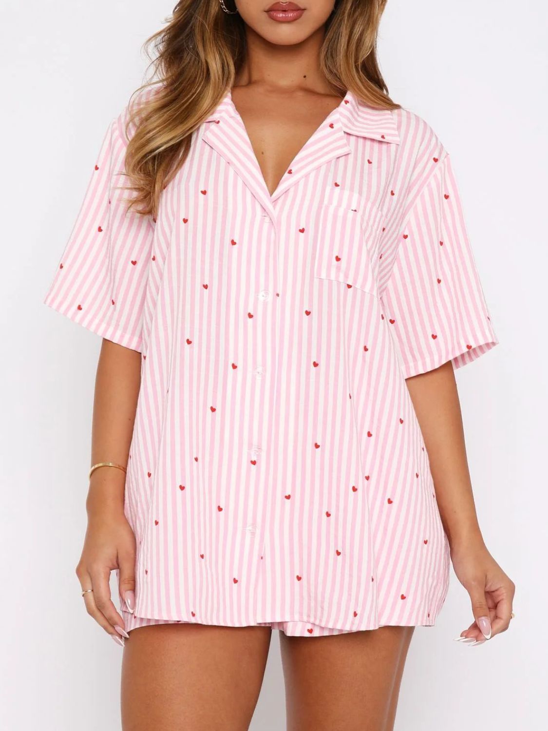 Valentine's Day Printed Collared Neck Short Sleeve Top And Shorts Set