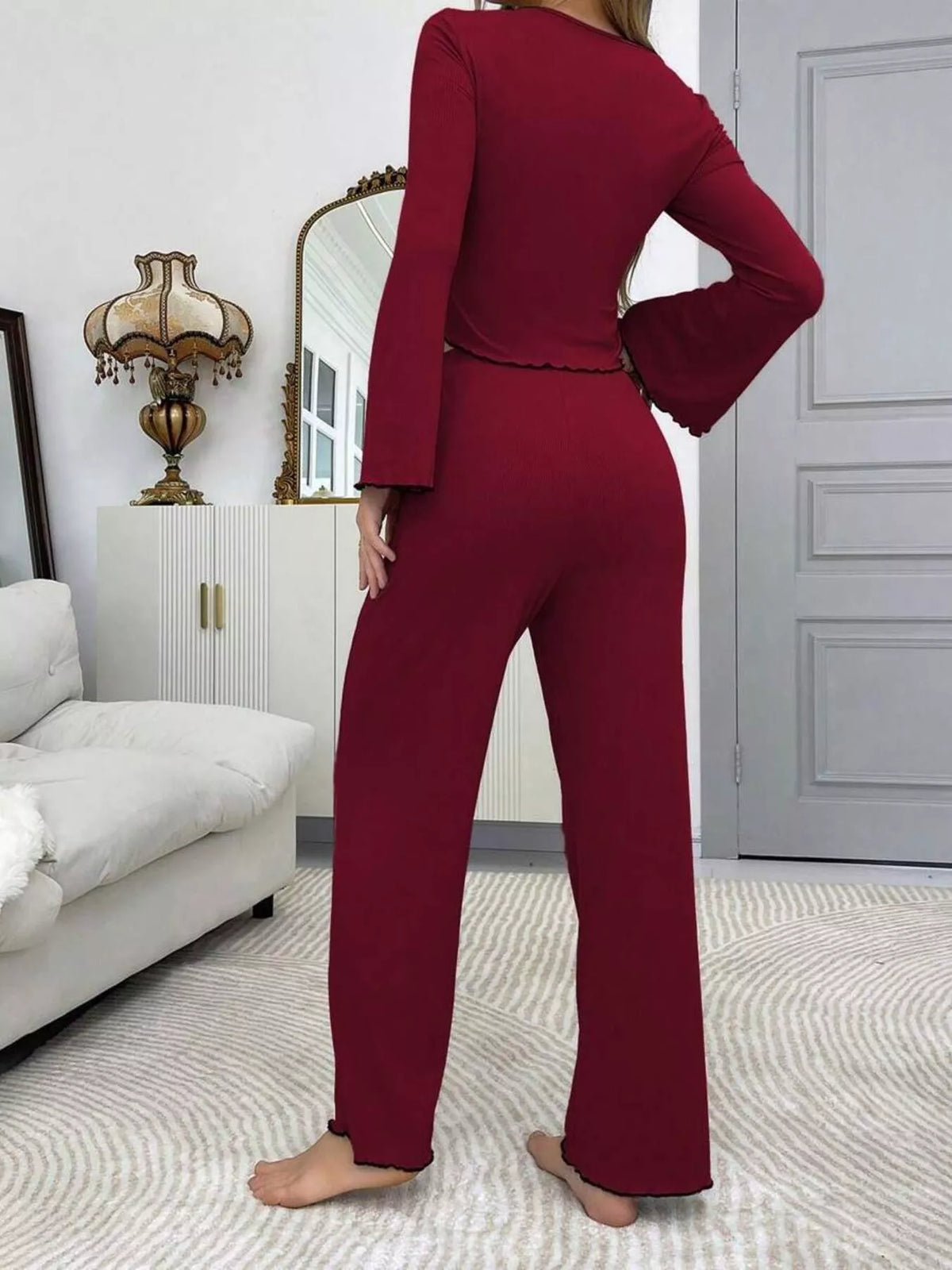 Lace Detail Flare Sleeves Top and Pants Lounge Set