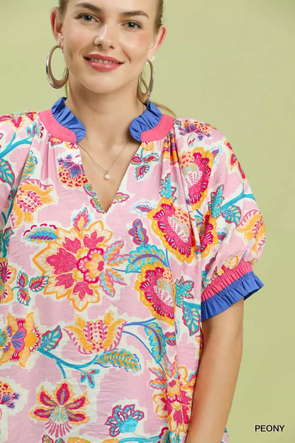 Umgee Floral Print Ruffled Short Sleeve Top