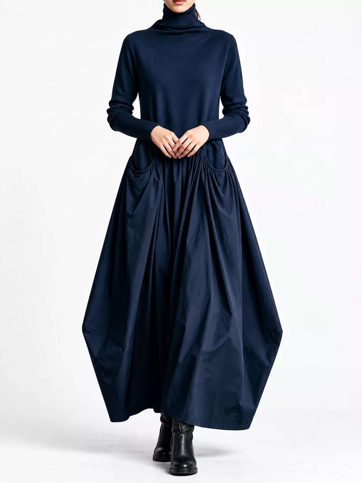 Turtleneck Maxi Dress with Long Sleeves and Pockets