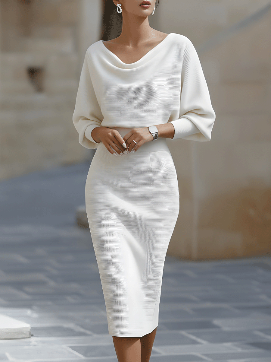 White Draped Batwing Midi Dress White