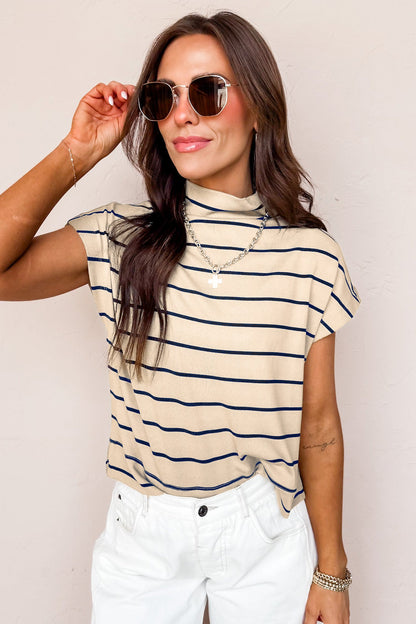 Khaki Stripe Mock Neck Short Sleeve Loose Top