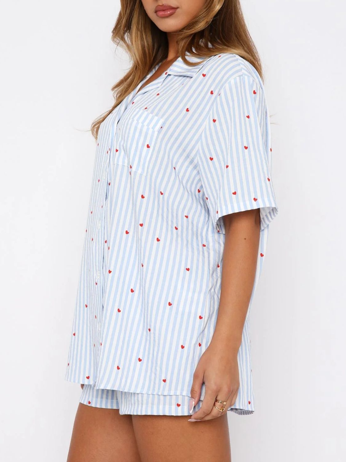 Valentine's Day Printed Collared Neck Short Sleeve Top And Shorts Set