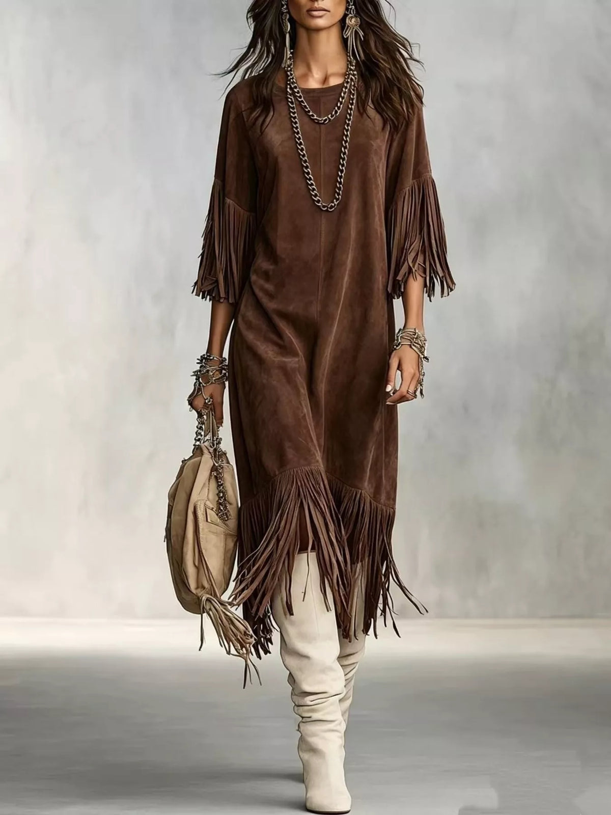 Fringed Round Neck Midi Dress