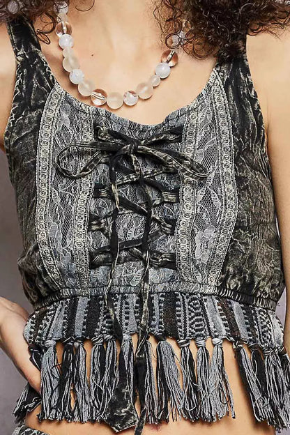 POL Lace-Up Fringe Hem Tank with Lace Detail