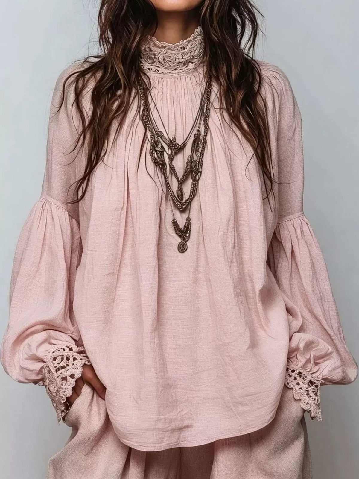 Full Size Lace Mock Neck Long Sleeve Blouse Plus Size