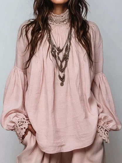 Full Size Lace Mock Neck Long Sleeve Blouse Plus Size