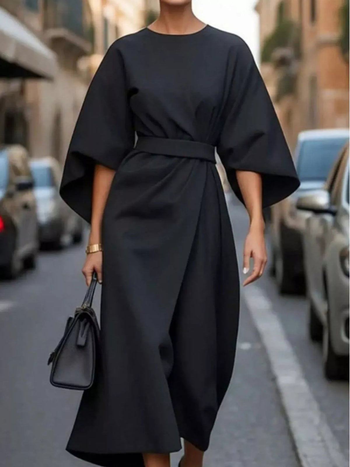 Full Sleeve Kimono Sleeves Round Neck Midi Dress Plus Size