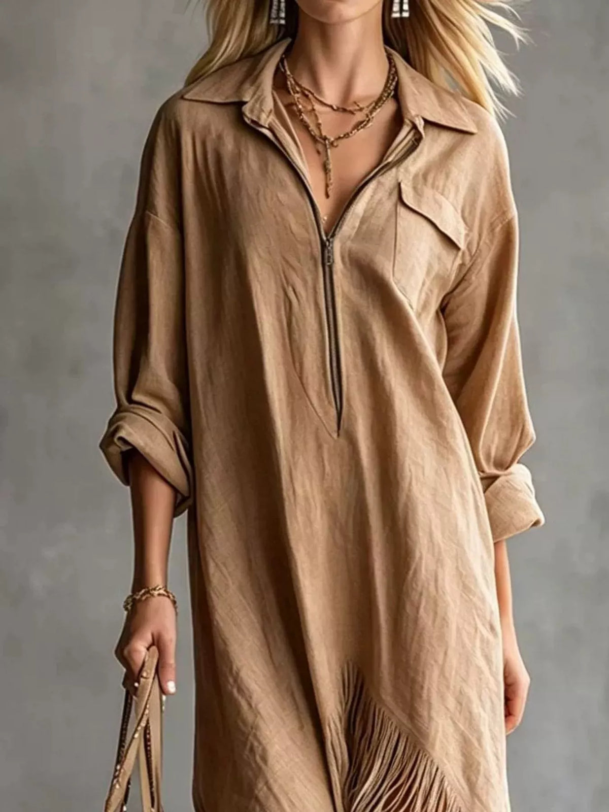 Fringe Hem Zip-Up Shirt Dress