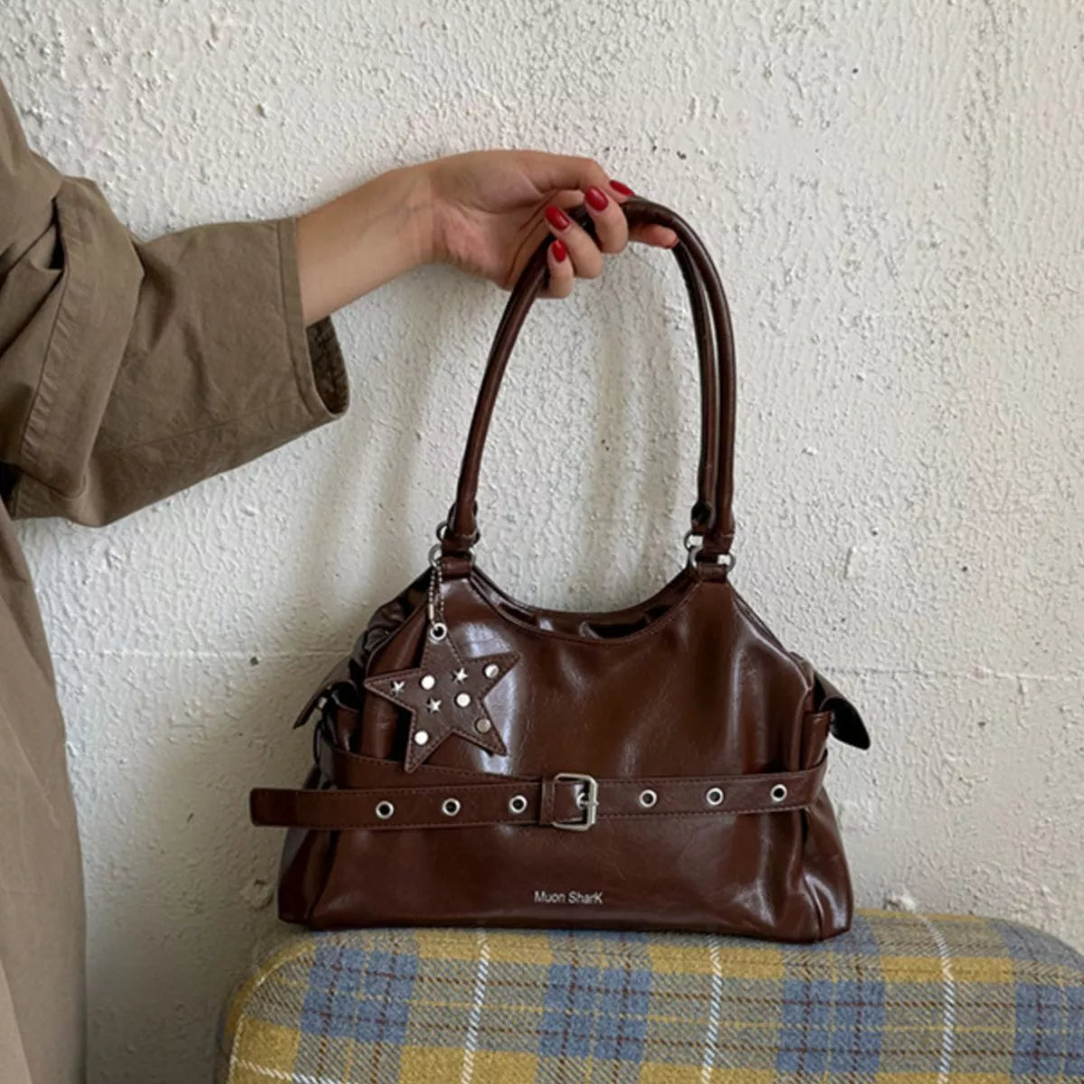 Buckle Detail Leather Shoulder Bag