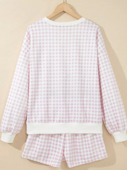 Plaid MERRY Lettering Long Sleeve Top Casual Shorts Set
