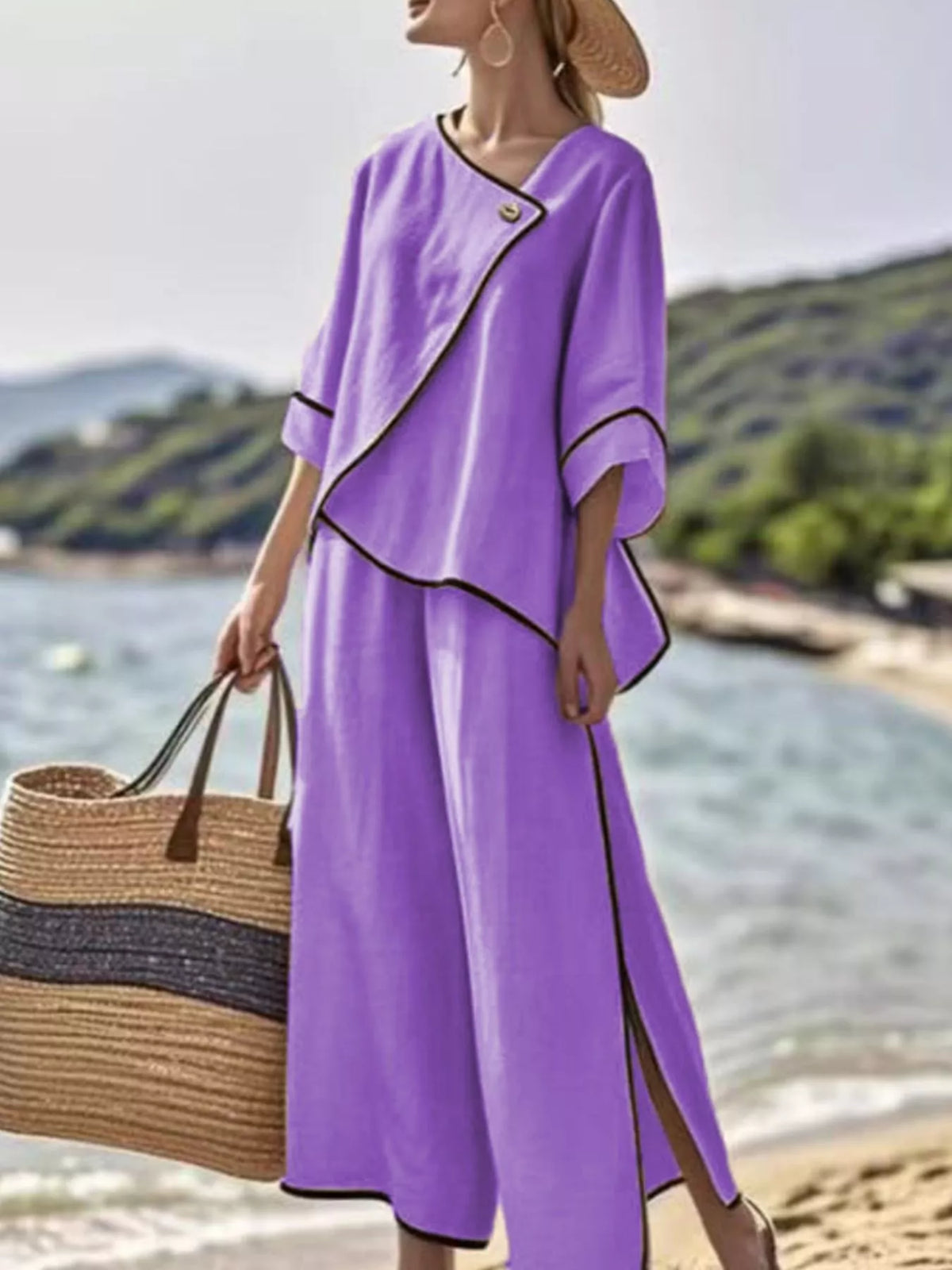 Full Size Contrast Trim Top and Wide Leg Pants Set Plus Size
