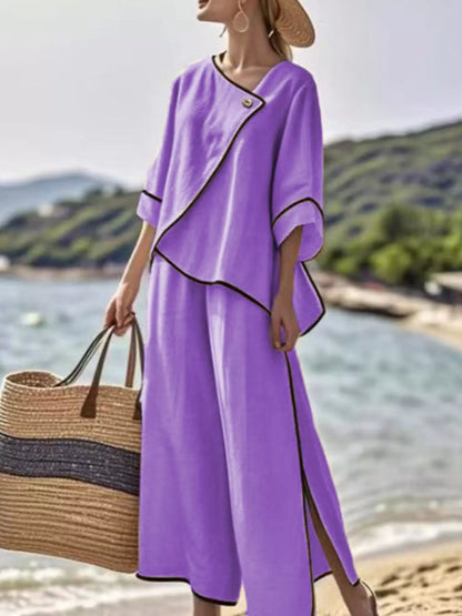 Full Size Contrast Trim Top and Wide Leg Pants Set Plus Size