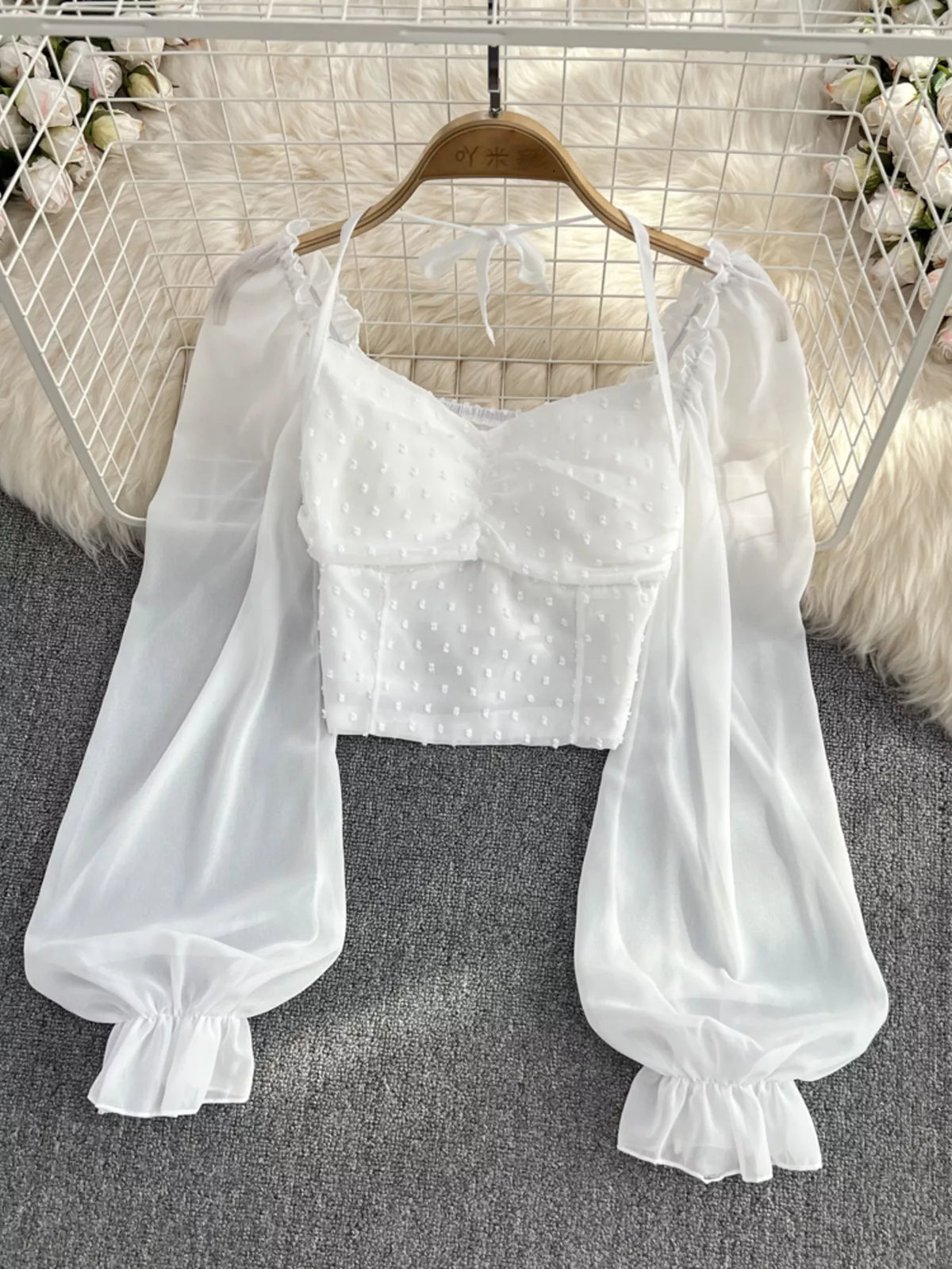 Swiss Dot Flounce Sleeve Blouse