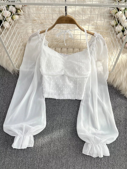 Swiss Dot Flounce Sleeve Blouse