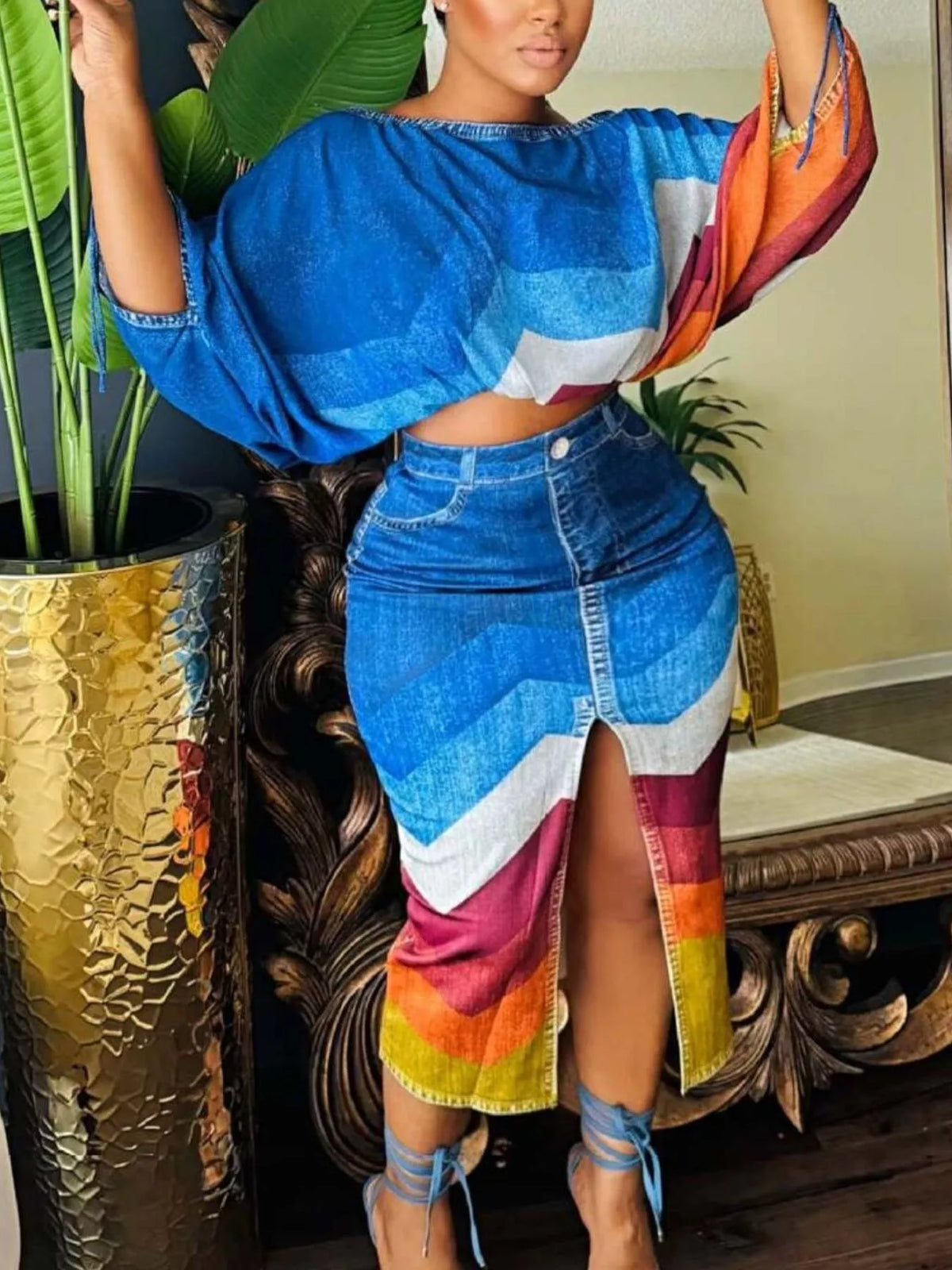 One Shoulder Top and Slit Skirt Set