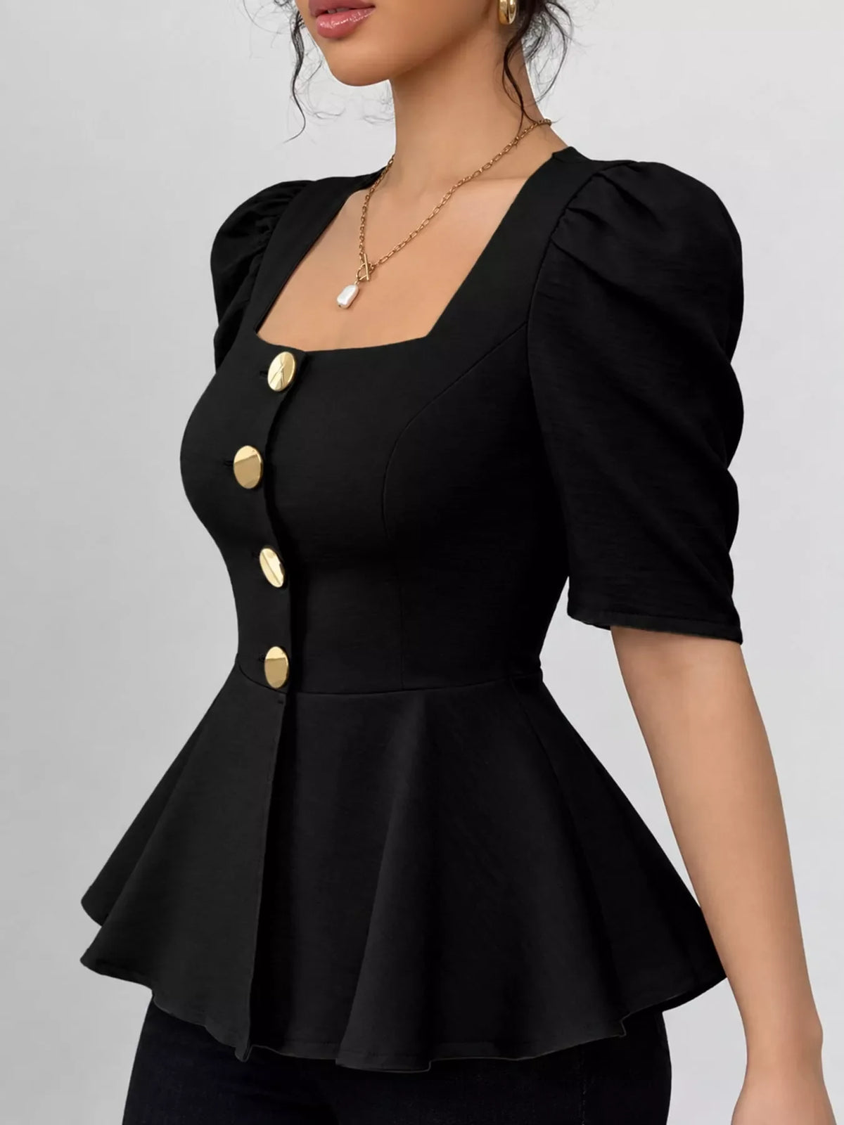 Square Neck Puff Sleeve Peplum Blouse
