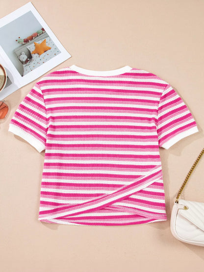 Textured Knit Short Sleeve Crossed Detail Tee