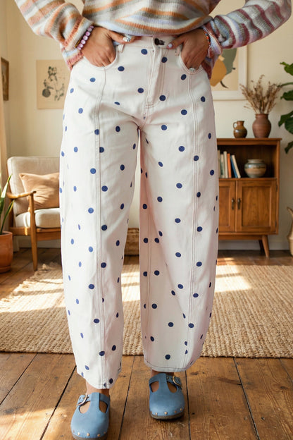 Pink Polka Dot Print Seam Detail Barrel Jeans