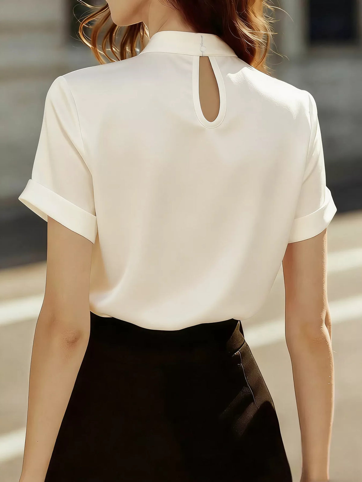 Satin Keyhole Short Sleeve Blouse