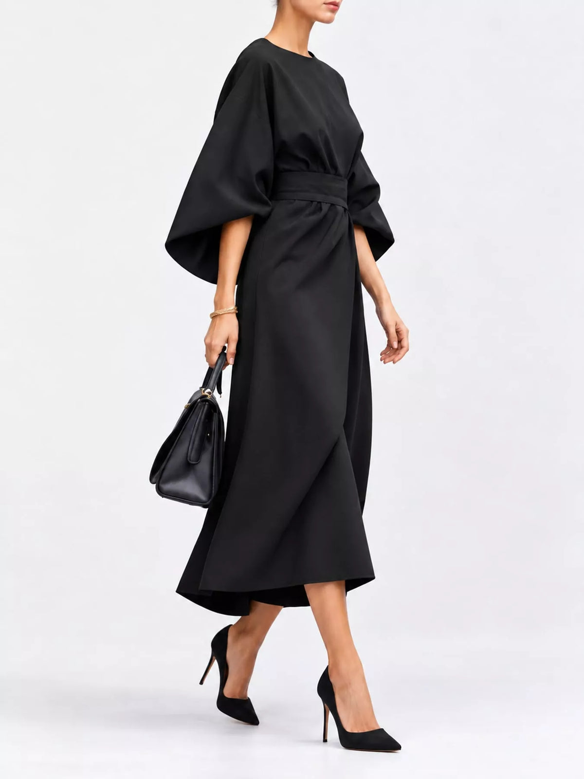 Full Sleeve Kimono Sleeves Round Neck Midi Dress Plus Size