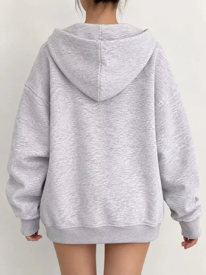 Full Size Zip-Up Dropped Shoulder Hoodie Plus Size