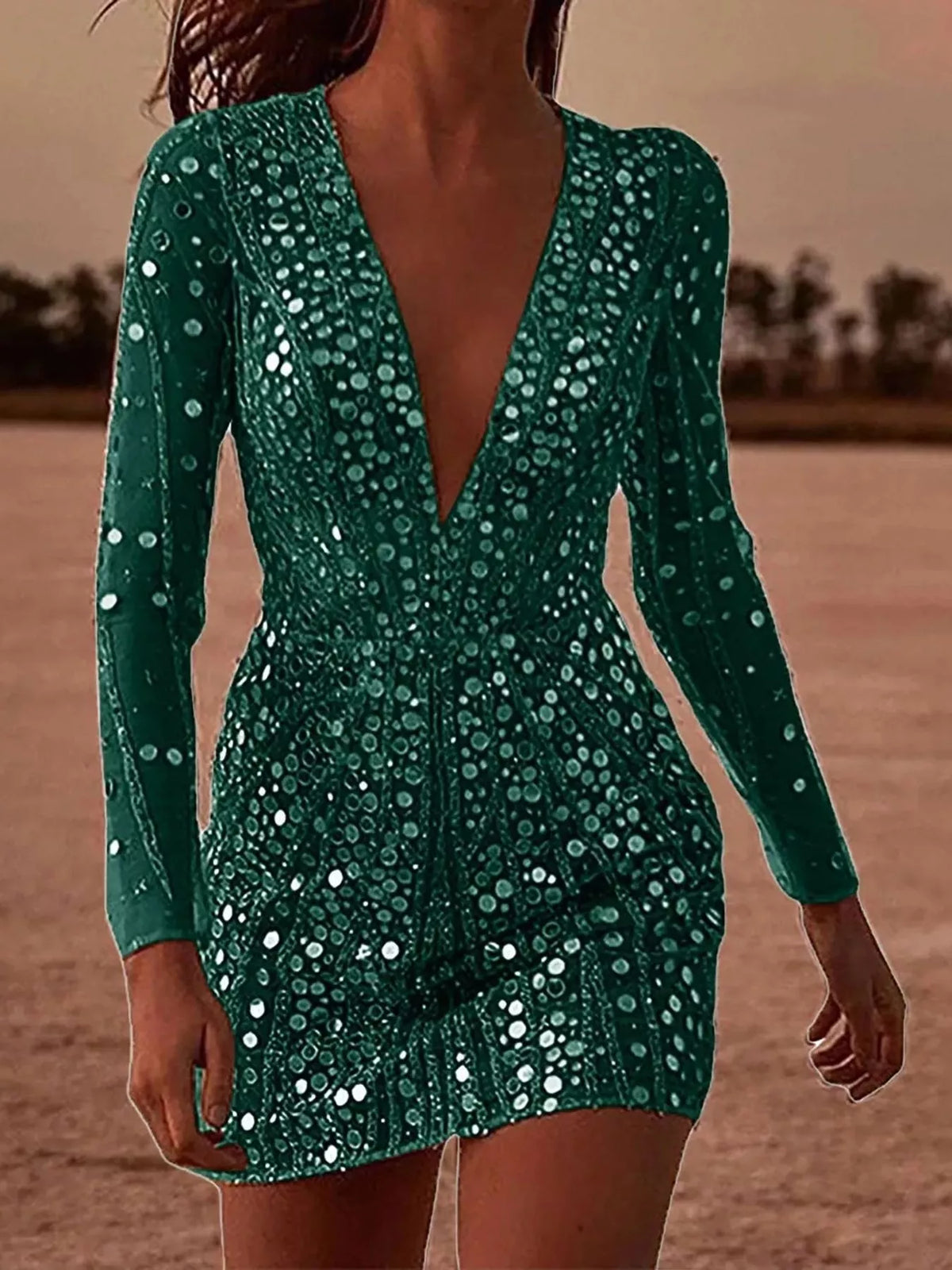 V-Neck Sequin Embellished Long Sleeve Mini Dress