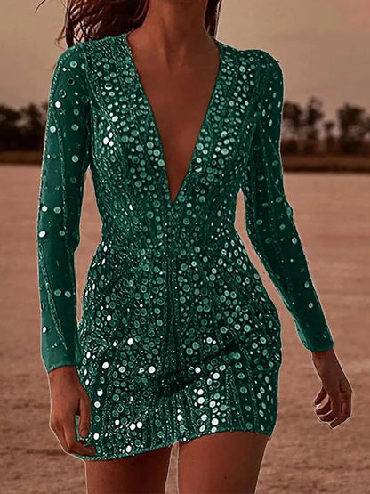 V-Neck Sequin Embellished Long Sleeve Mini Dress