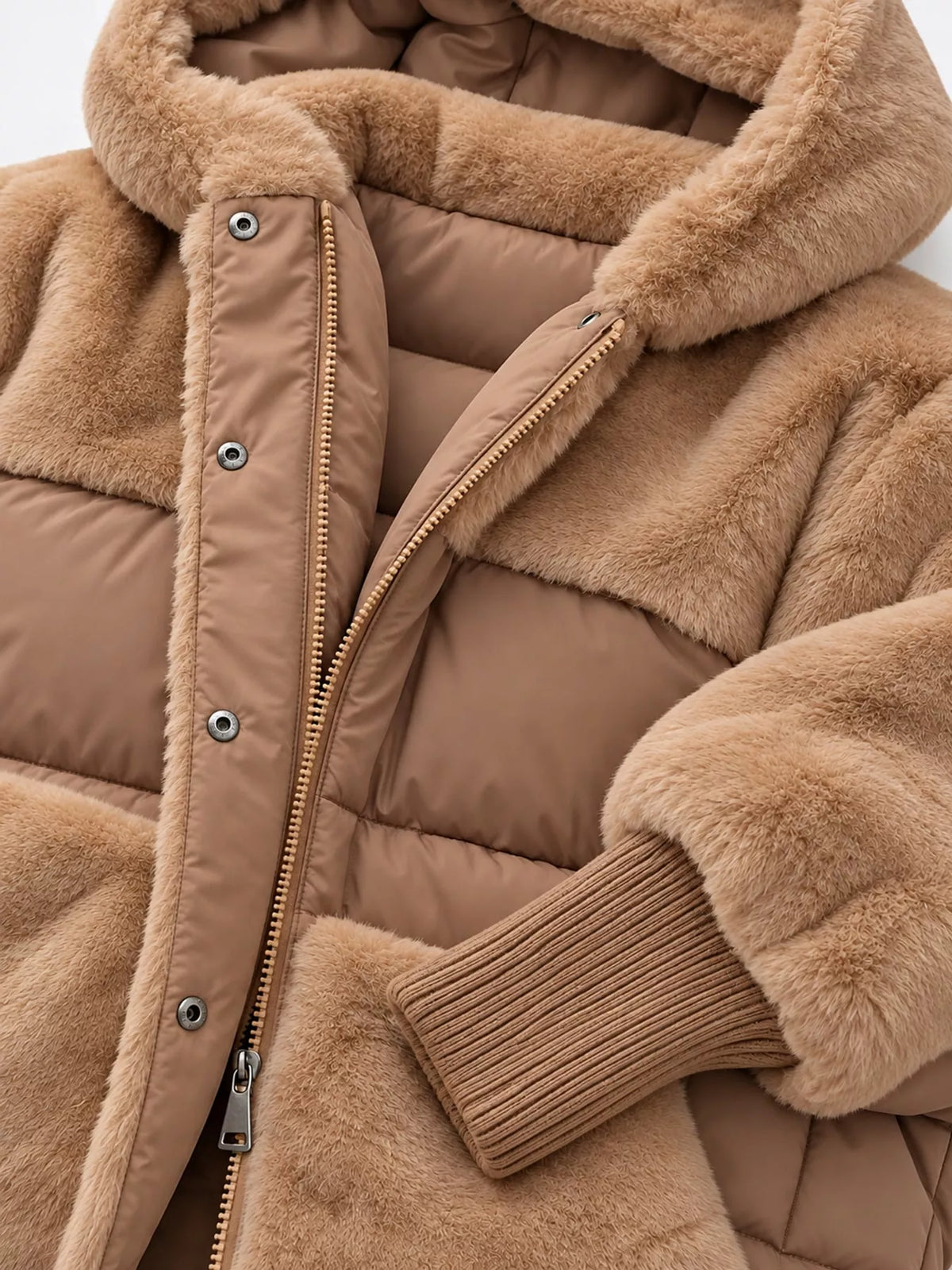 Full Size Faux Fur Hooded Puffer Outerwear Plus Size