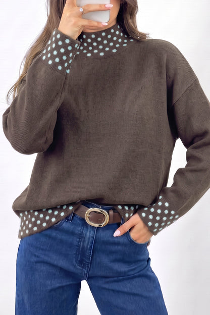 Fiery Red Polka Dot Contrast Mock Neck Sweater