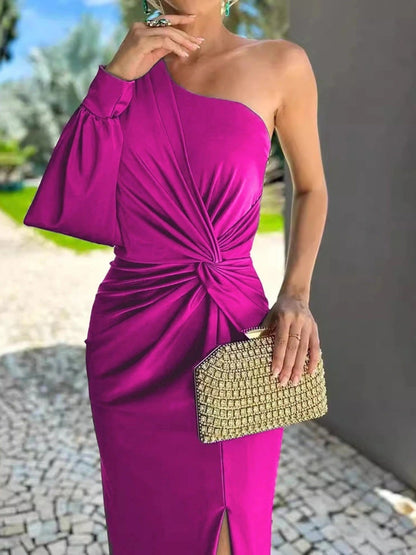 Full Size One-Shoulder Knot Detail Slit Maxi Dress Plus Size