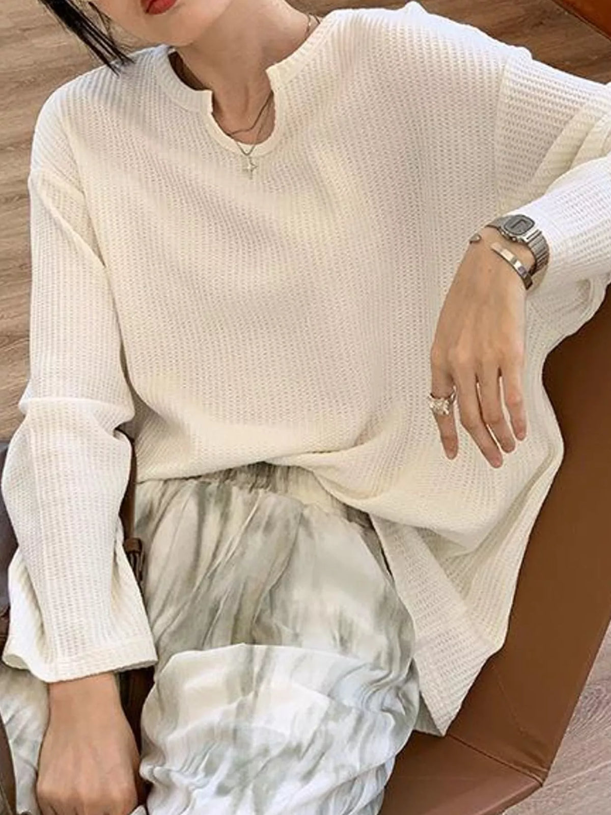 Casual Waffle Knit Long Sleeve T-Shirt