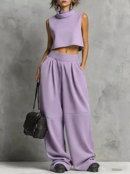 Sleeveless Mock Neck Crop Top and Wide-Leg Sweatpants Set