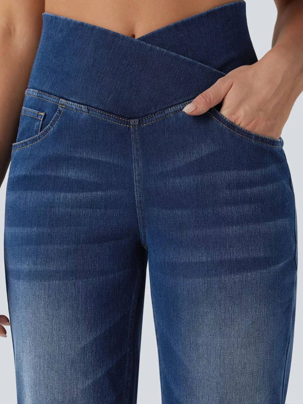 High Waisted Stretch Jeans with Crossover Waist | Straight Leg