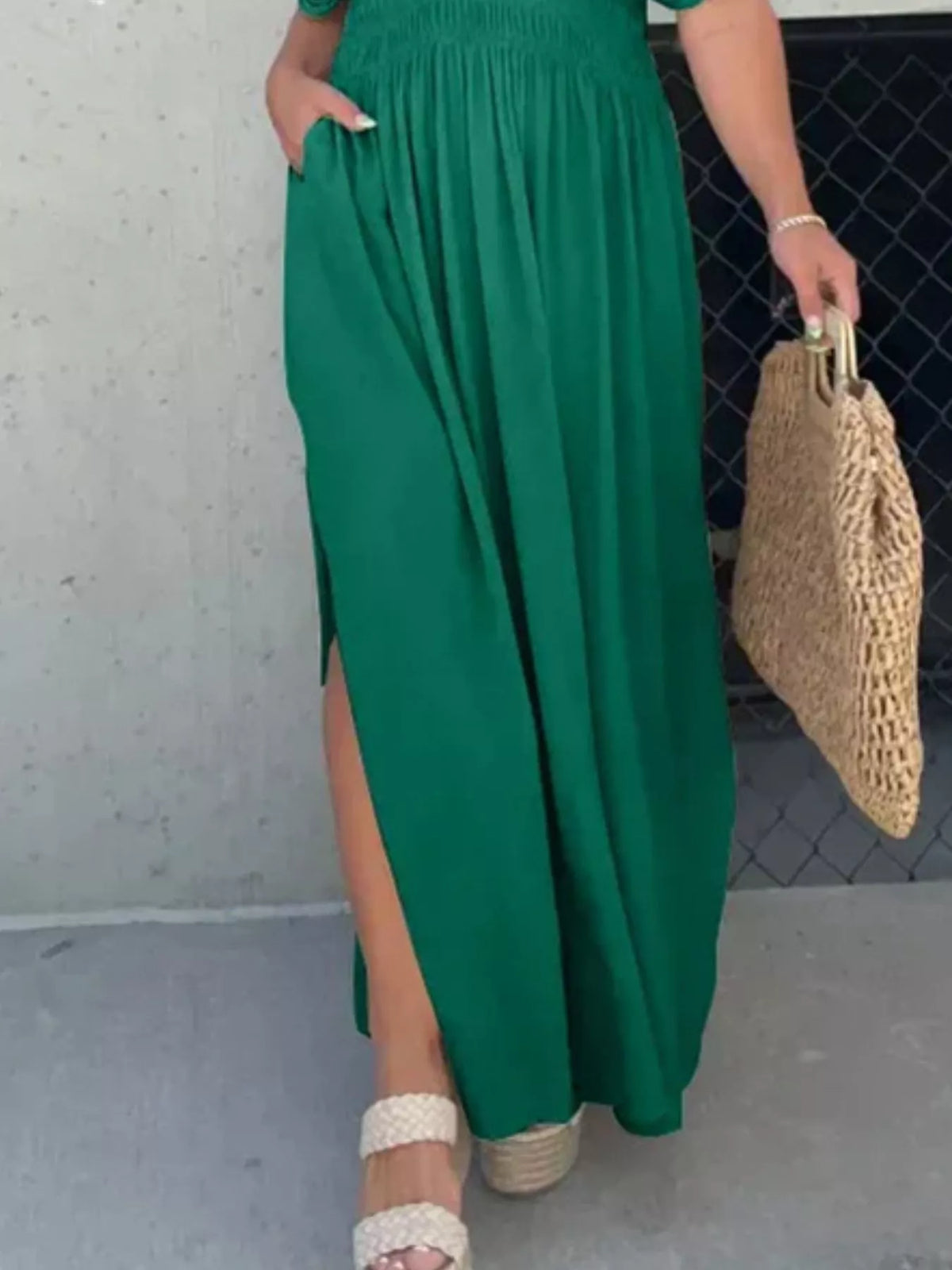 Full Size Slit V-Neck Smocked Waist Maxi Dress Plus Size