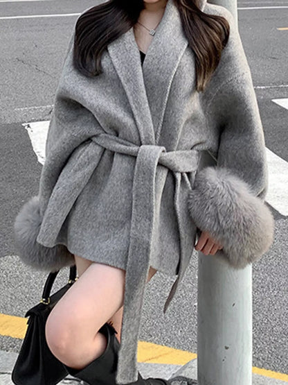 Waist Tie Outerwear with Faux Fur Cuffs