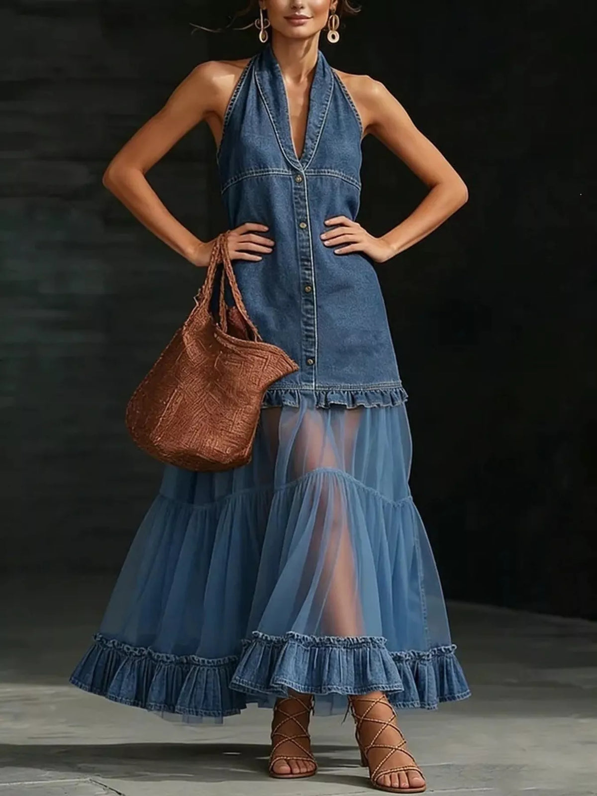 Full Size Ruffle Hem Sleeveless Sheer Tulle Denim Dress Plus Size