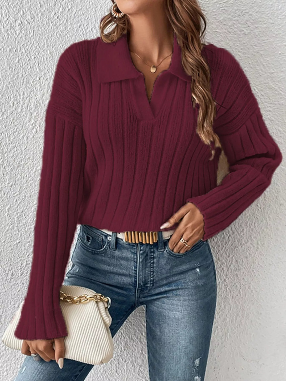 Ribbed Knit Polo Collar Sweater