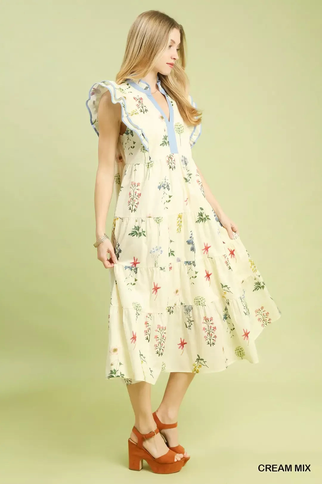 Umgee Mix Floral Tiered Ruffle Midi Dress