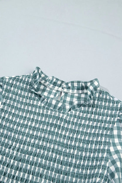 3/4 Sleeve Shirred Plaid Peplum Top