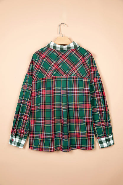 Green Plaid Long Sleeve Shift Plus Size Shirt