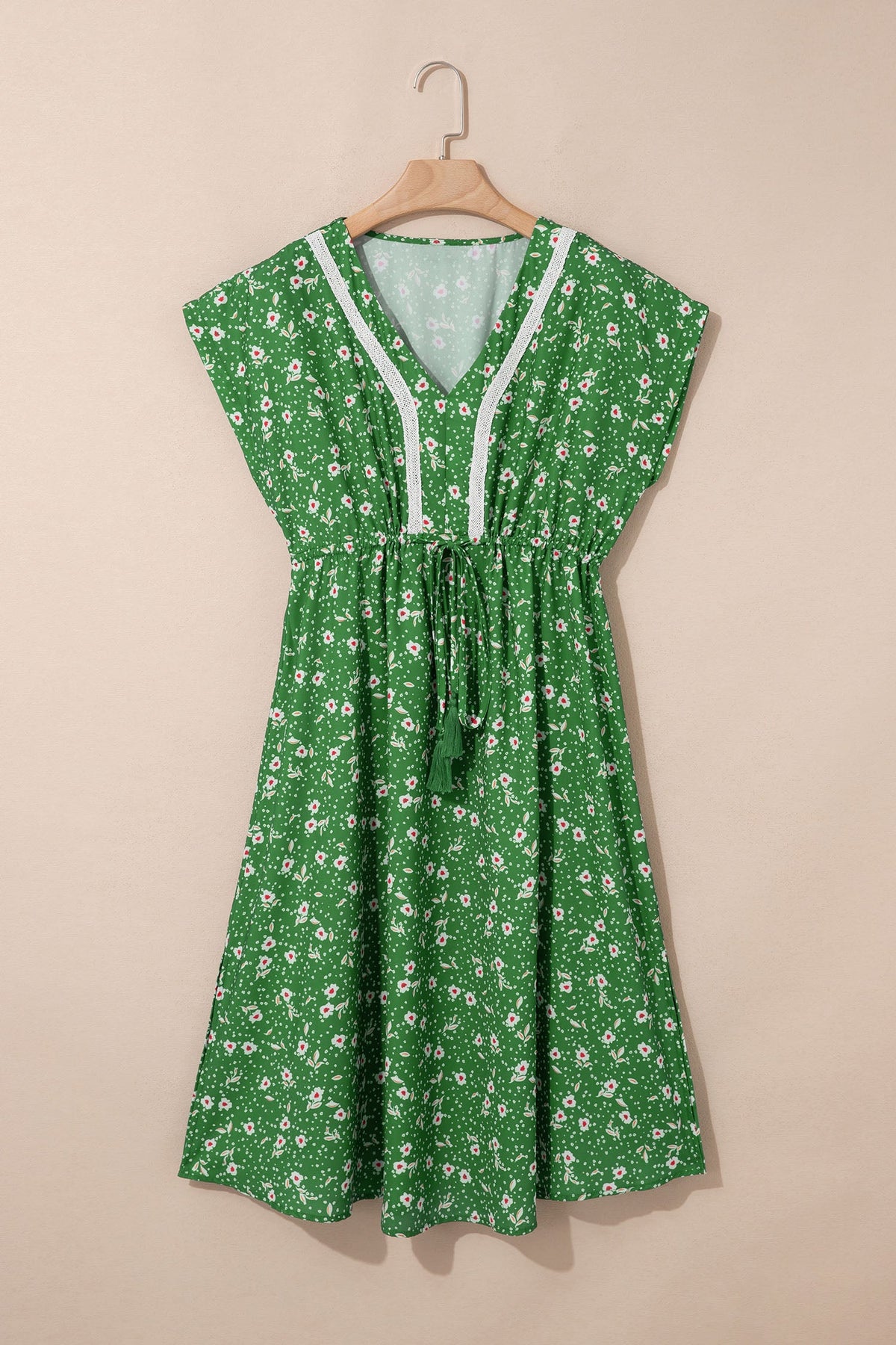 Green Abstract Print Embroidered Trim V Neck Drawstring High Waist Loose Vacation Dress