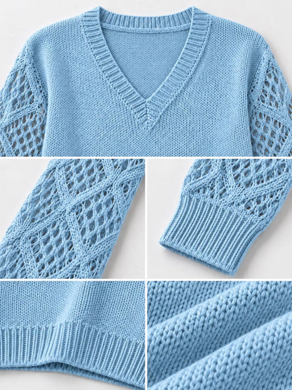 Full Size V-Neck Hollow-Out Long Sleeve Sweater Plus Size