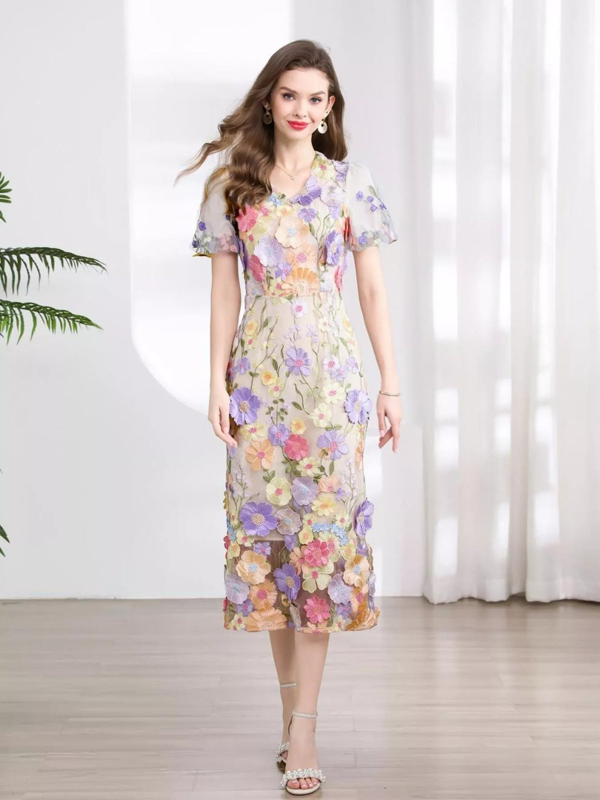 Floral Embroidered Puff Sleeve Midi Dress