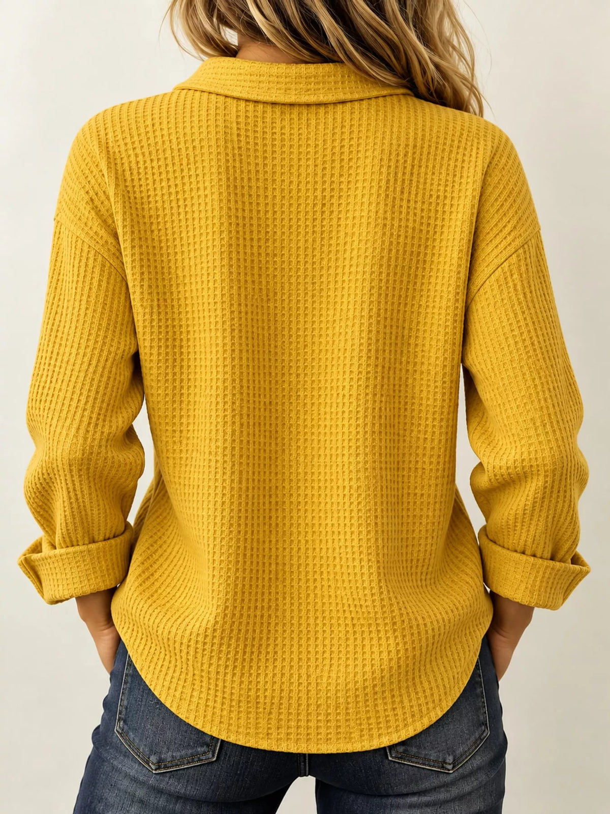 Full Size Waffle Knit Long Sleeve Polo Top Plus Size