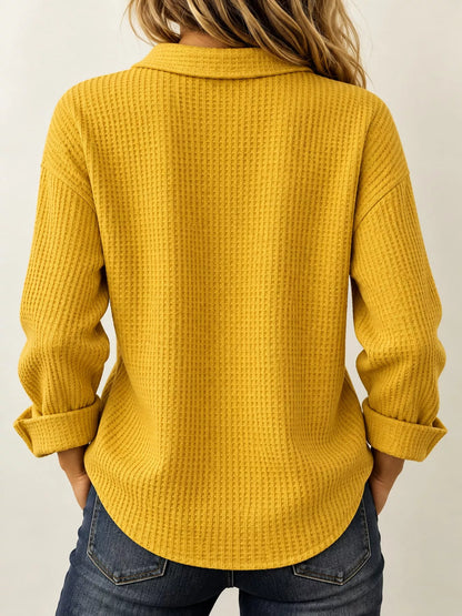 Full Size Waffle Knit Long Sleeve Polo Top Plus Size