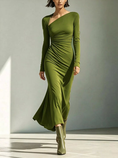 Asymmetrical Neck Ruched Long-Sleeve Dress